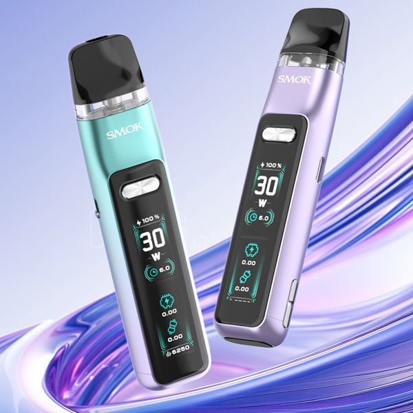 ice blue and purple smok novo GT vape displayed on a retro wave background